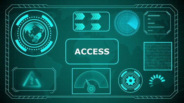 Futuristic HUD interface with "Access" acronym in glowing blue concentric circles and digital background, HUD The world digital data cyber technology background. 4k animation video