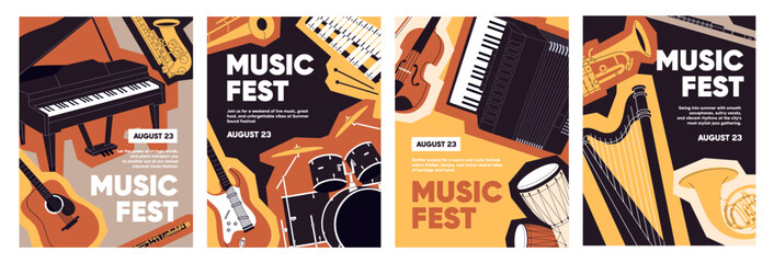 Fototapeta na wymiar Set of music concert event poster designs. Advertising templates of classical jazz performance with different musical instruments: saxophone, harp, piano, drums, violin. Flat vector illustrations.