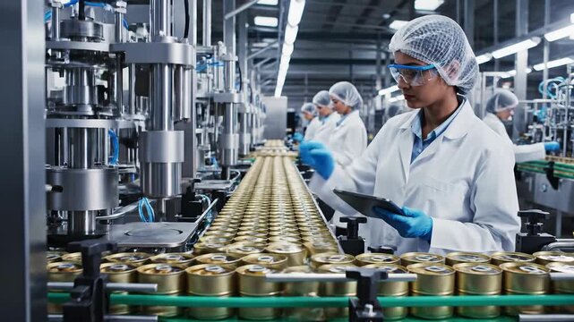 Food production line with workers in lab coats and hairnets overseeing cans on conveyor belt