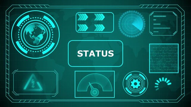 Futuristic HUD interface with "Status" acronym in glowing blue concentric circles and digital background, HUD The world digital data cyber technology background. 4k animation video