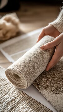 Hands Holding Rolled Beige Carpet Sample on Wooden Floor with Textile Swatches