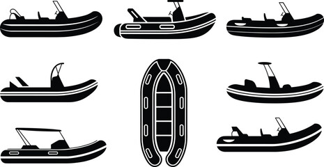 Black vector silhouette set of diverse inflatable motor boats and rubber dinghies including side and top views for marine transport and nautical branding, © MdMojibar