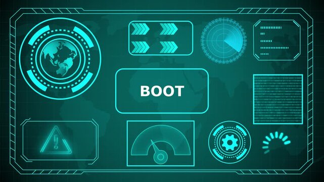 Futuristic HUD interface with "Boot" acronym in glowing blue concentric circles and digital background, HUD The world digital data cyber technology background. 4k animation video