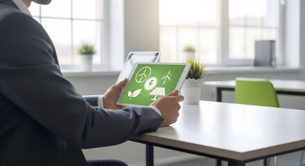 Man using digital tablet with green screen displaying white icons in modern office setting with natural light