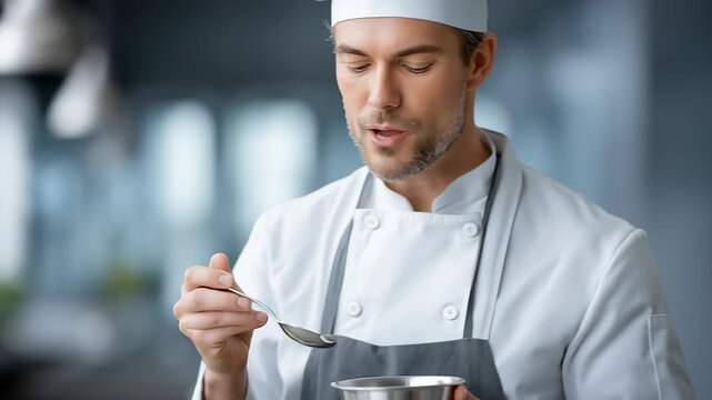 Professional chef tasting sauce with a spoon in a modern kitchen, focusing on flavor balance and quality during fine dining food preparation