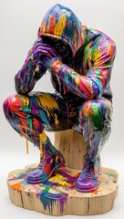 Fototapeta premium Urban Street Art Sculpture of a Seated Figure in Hoodie Covered in Vibrant Multicolored Paint Drips 