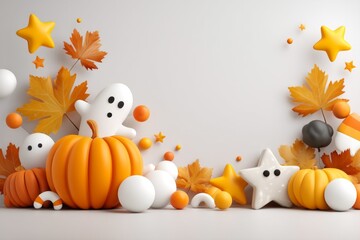 Fototapeta premium Colorful 3D Halloween Scene with Iconic Symbols and Autumn Elements