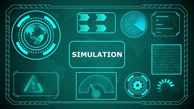 Futuristic HUD interface with "Simulation" acronym in glowing blue concentric circles and digital background, HUD The world digital data cyber technology background. 4k animation video