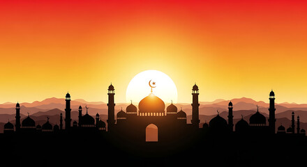 Obraz premium Stunning silhouette of a grand mosque against a breathtaking sunset sky, with the sun's warm light creating a dramatic and serene religious cityscape