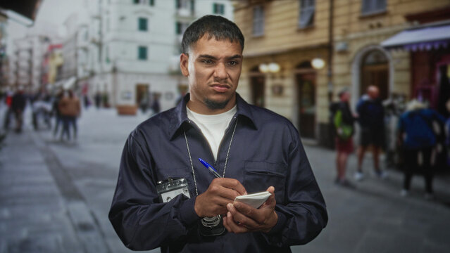 Man detective writing notes with pen and notepad on street, badge on chain and id clipped to jacket; urban investigation concentration.