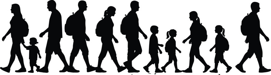 Black silhouette of diverse people walking with backpacks including children and adults isolated on white background for travel flavector design