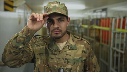 Fototapeta premium Young hispanic man in army uniform with dog tags tips cap in storage building corridor; pride duty patriotism.