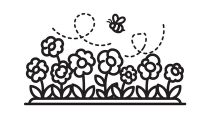 Obraz premium Pollinator Garden Bed With Stylized Flowers And Bee Flight Path — Native Habitat Planting Vector For Urban Greening