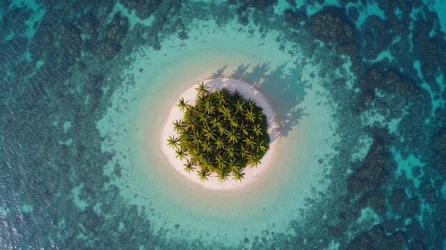 Sunlight illuminates a small. Perfectly circular tropical island covered in palm trees. Surrounded by shallow turquoise water and deeper blue ocean. Creating a serene and idyllic vacation destination