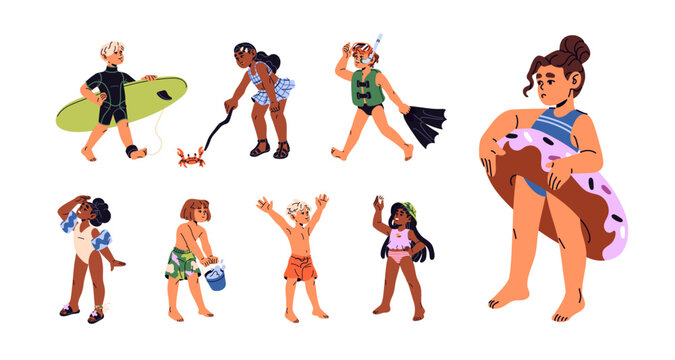 Set of cute kids in swimsuits. Happy children in swimwear with inflatable circles. Little boys and girls with swimming tools for sea resorts in summer. Flat isolated vector illustrations in white.