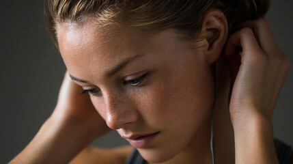 Naklejka premium Young woman with freckles looking down thoughtfully while adjusting her earphones, conveying a moment of personal reflection.