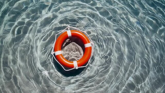 Gentle waves surrounding vibrant orange lifebuoy, symbolizing safety and tranquility within pristine blue waters, highlighting maritime rescue preparedness and peaceful ocean environment