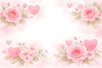 Floral Rose and Hearts Frame Romantic Background