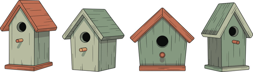 Birdhouse illustration set, wooden bird houses collection, garden nesting boxes, rustic designs, colorful bird homes, isolated on white background