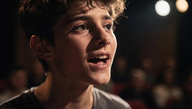 Closeup of a confident teen delivering spontaneous lines in an improv session their animated face crisp against the dimmed blurred theater setting.