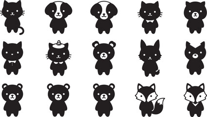 Obraz premium Collection of cute black and white cartoon cats bears and foxes standing isolated