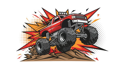 Monster truck illustration in bold red with explosion effect and vector style © Muh