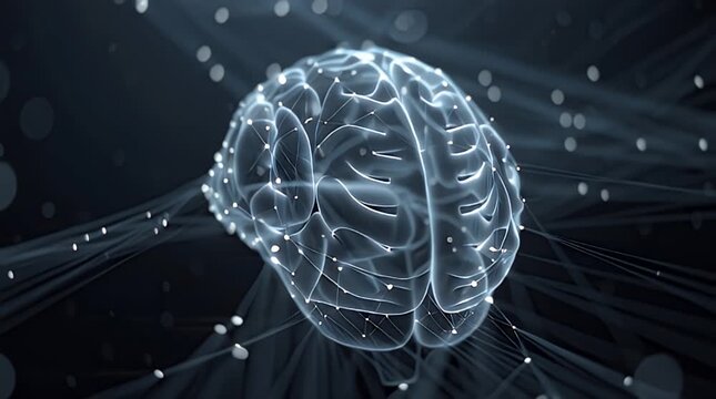 Abstract digital AI brain illuminated with connections and particles, representing artificial intelligence and neural networks
