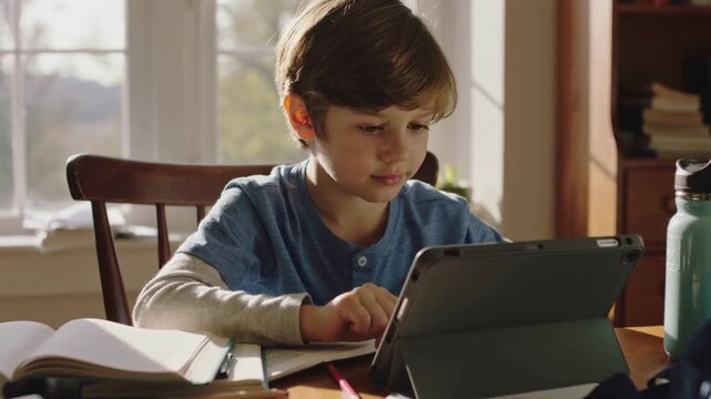 Boy studying at home with tablet and books, learning and doing homework in bright room with natural light, focused child using digital device for education and schoolwork.