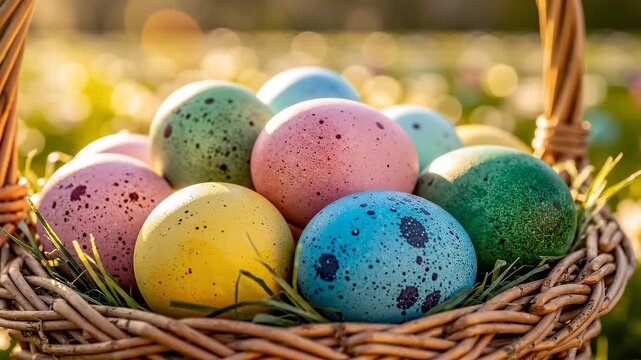 Colorful easter eggs in wicker basket outdoors