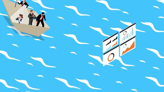 Business Team Navigating Paper Boat through Data Charts and Analytics 3d animation cartoon