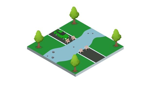 Road Construction Site with River, Bridge, and City Traffic 3d animation cartoon