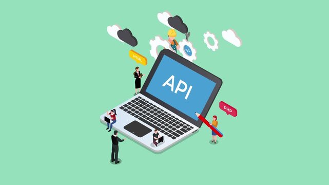 Software Engineers and Developers Working on API Integration and Cloud Computing Solutions on a Laptop 3d animation cartoon