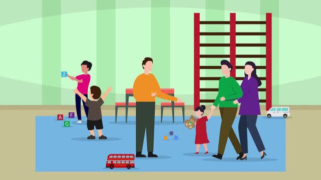 Diverse Families and Children in a Playful Daycare Center with Educational Toys and Activities cartoon animation
