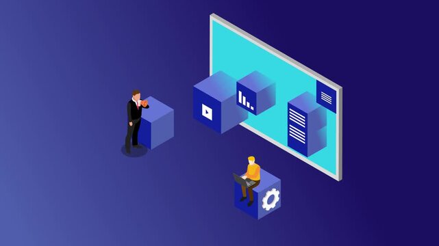 Business Professionals Working on Isometric Digital Interface with Data Analytics and Media Modules 3d animation cartoon