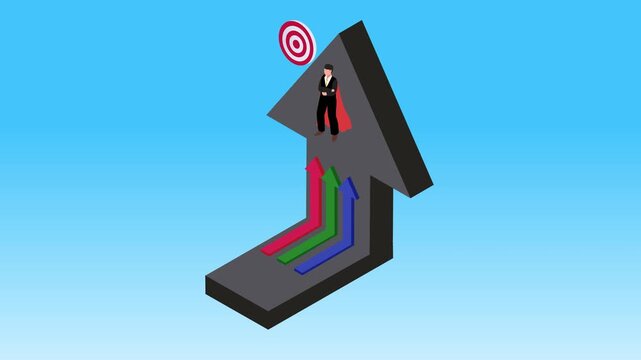 Hero Businessman on Growing Arrow with Target Goal 3d animation cartoon