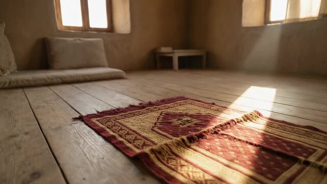 Bright sunlight enters through windows, highlighting a traditional rug on wooden flooring in a simple interior space.