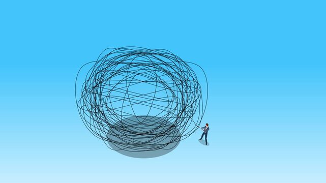 Businessman Untangling Large Knot of Chaos and Complexity 3d animation cartoon