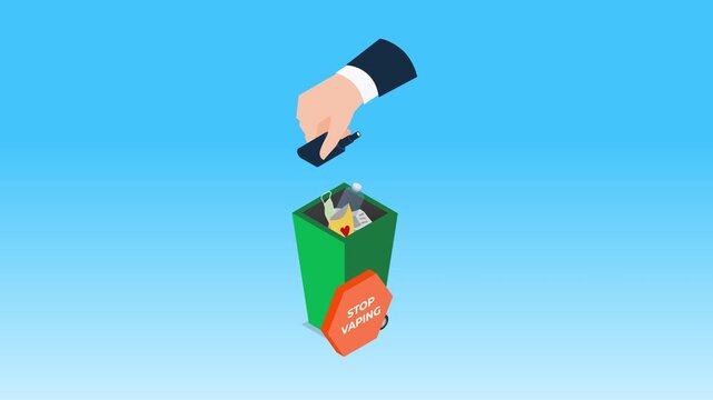 Stop Vaping Concept: Hand Throwing E-Cigarette into Trash Bin Vector 3d animation cartoon