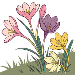 A vibrant illustration of colorful flowers blooming in a lush green meadow.