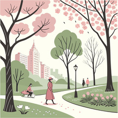 A serene park scene with blooming cherry blossoms and a picturesque castle in the distance