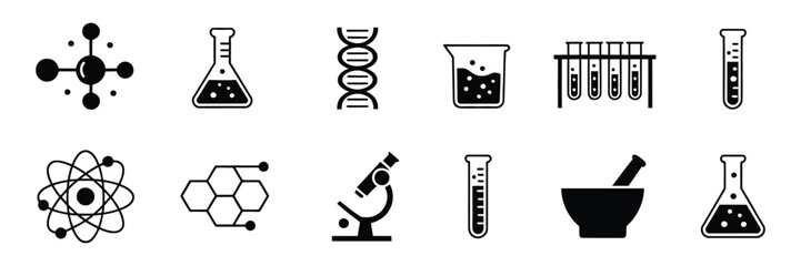 Science Laboratory Icons on White Background, Chemistry Vector Illustration of Flasks © Ayat 03