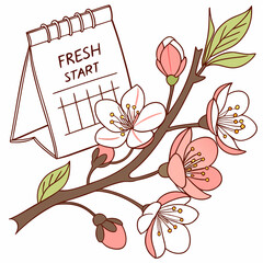 A charming illustration of a branch with blossoming flowers and a calendar.