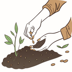 Hands planting a small seedling in a pot of soil with gardening tools nearby.