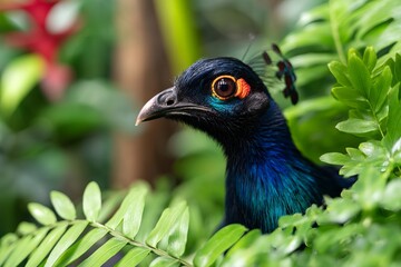 Fototapeta premium Exotic Wild Bird with Eye-Catching Feathers in Lush Jungle Environment