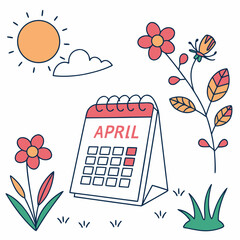 A vibrant illustration of april with flowers and a sun shining brightly.