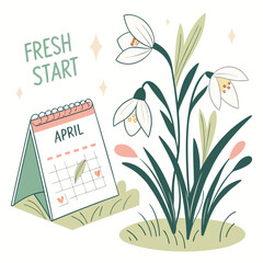 A vibrant illustration of a potted plant with white flowers and a calendar.
