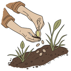 A pair of hands planting a small green plant in a pot of soil.