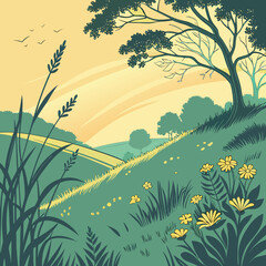 A serene landscape with rolling hills, trees, and vibrant wildflowers under a warm sunset sky