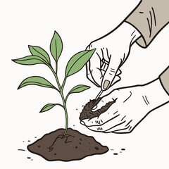 A hand planting a small seedling in a pot of soil.