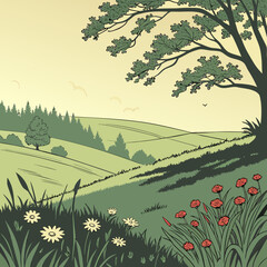 A serene landscape with a winding path through a lush green valley and vibrant flowers